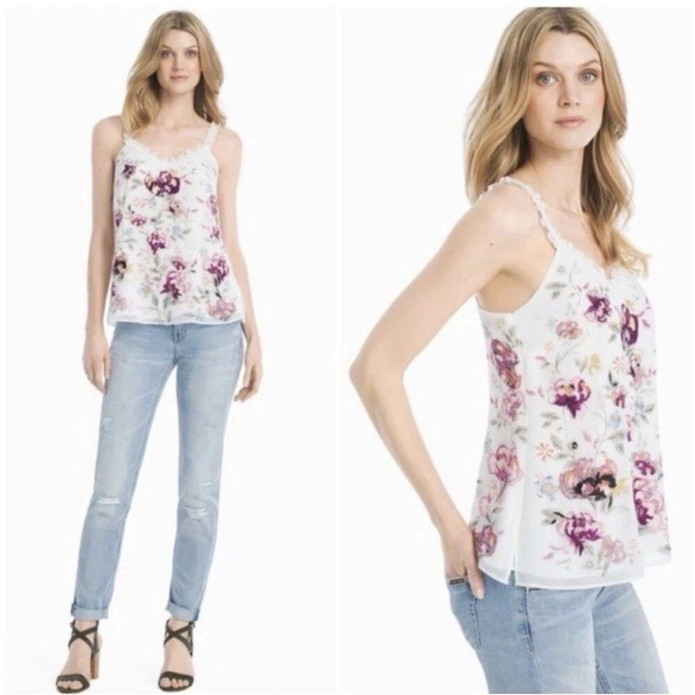 White House Black Market White Ruffle Floral Embroidered Cami Tank Top Sz M Boho